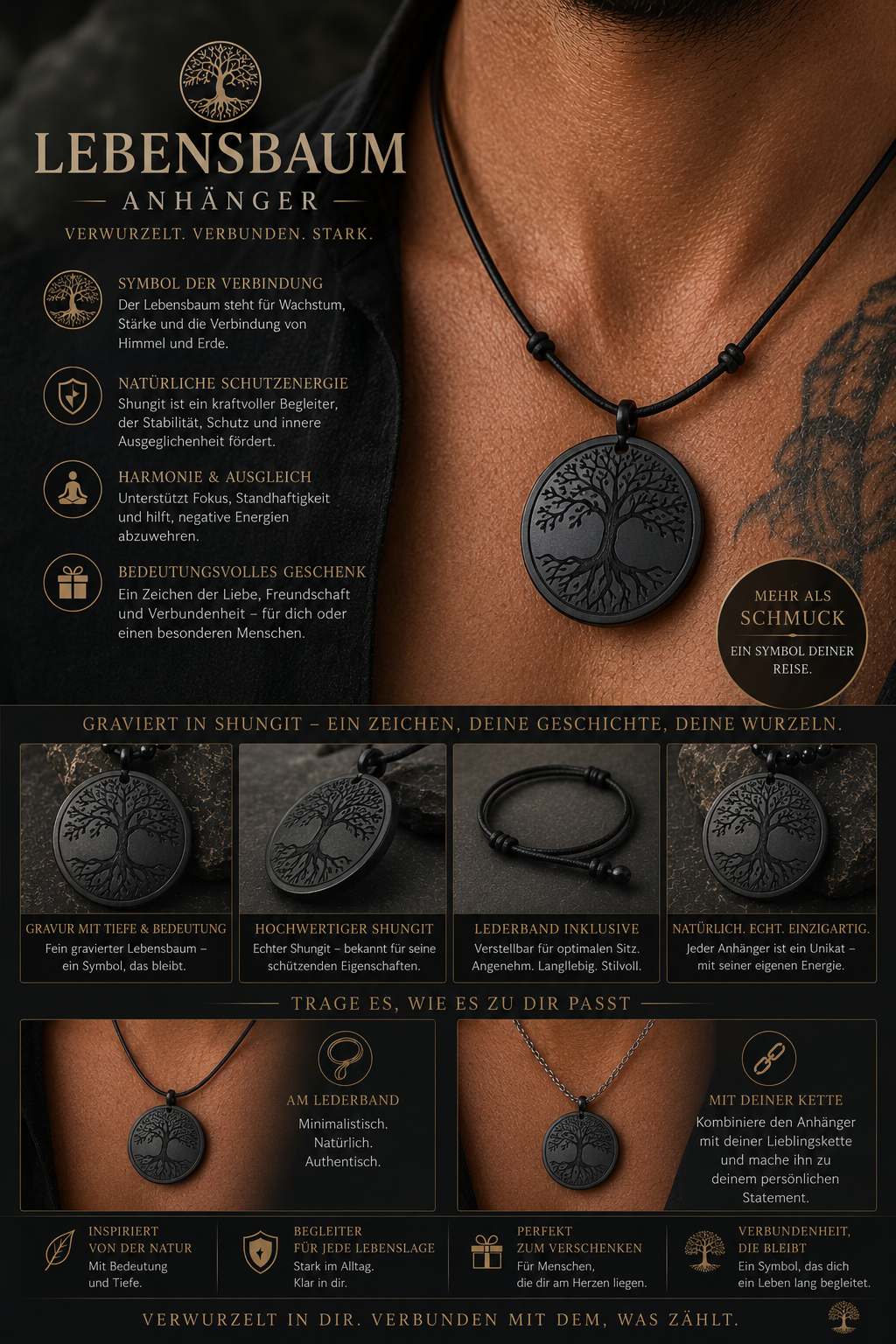 Shungit Anhänger Lebensbaum – Ø ca. 50 mm | Schutz, Erdung & Verbindung