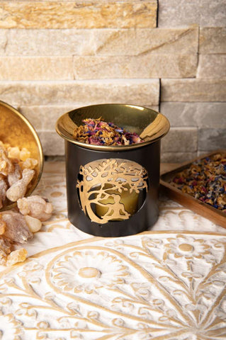 Räuchergefäß Buddha unterm Bodhibaummit goldener Edelstahlschale