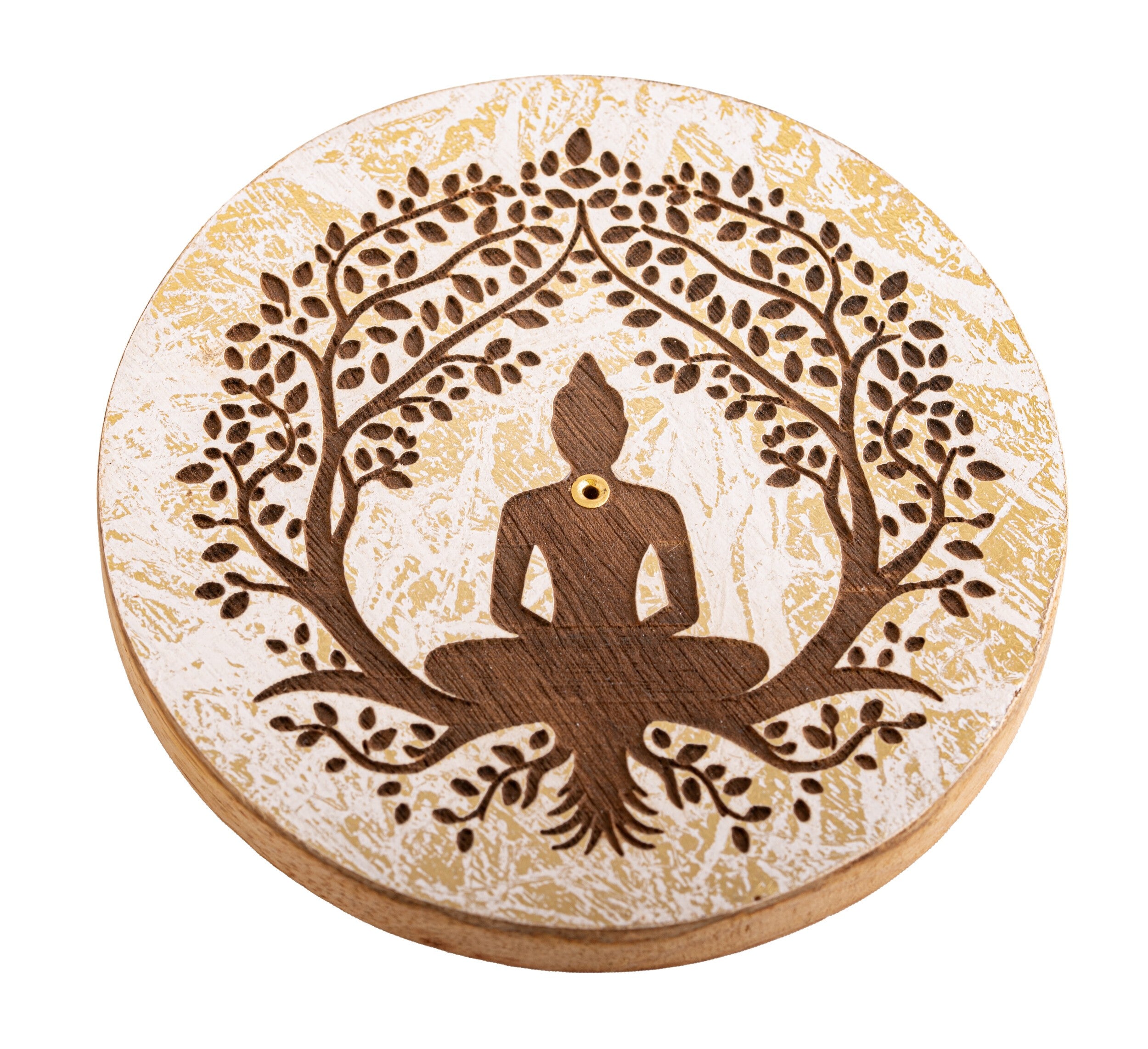 Räucherstäbchenhalter Buddha im Baum – rund, weiß-gold – Seelenecho