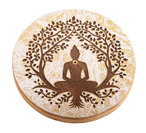 Räucherstäbchenhalter Buddha im Baum – rund, weiß-gold – Seelenecho