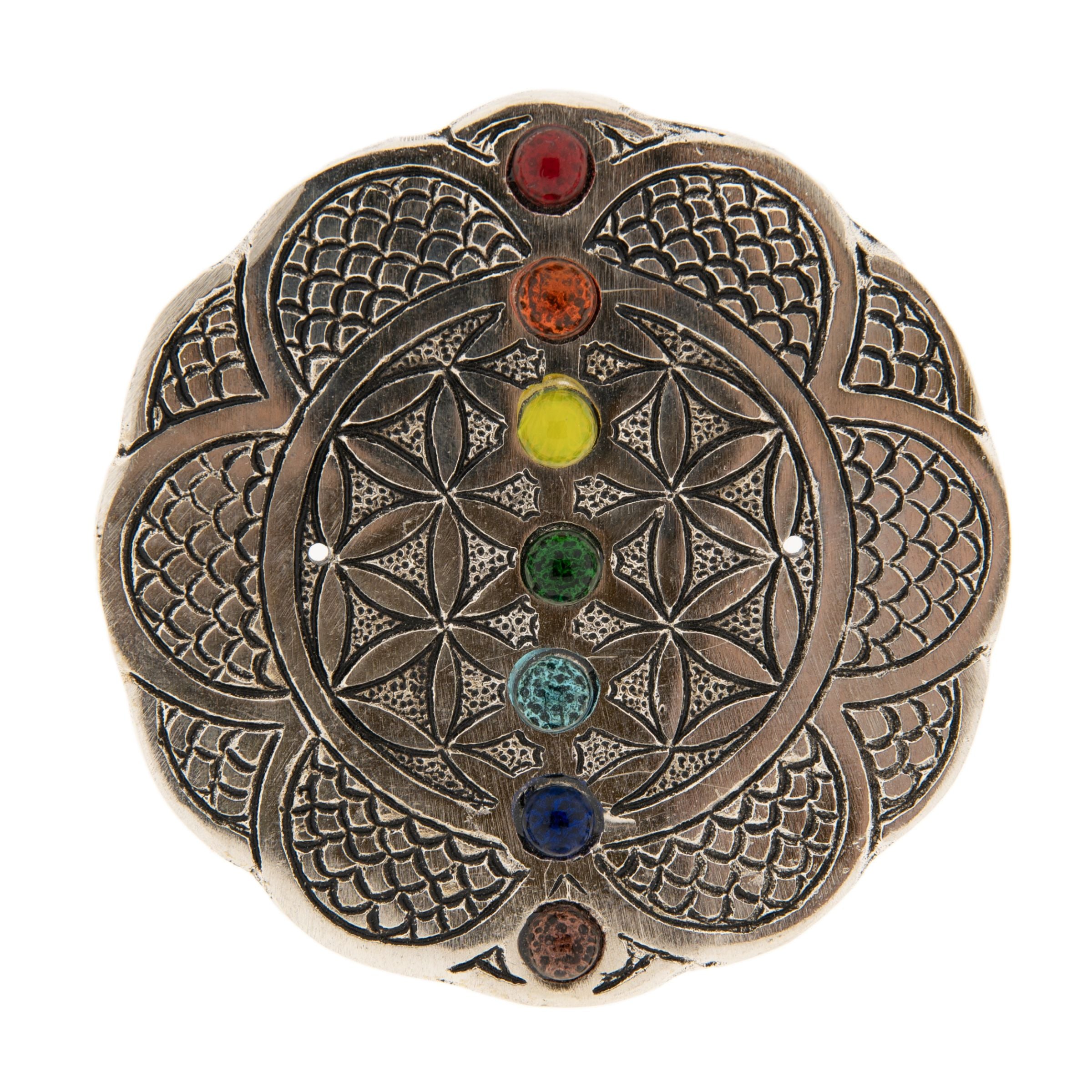 Blume des Lebens mit Chakraglassteinchen Weißmetallhalter – Seelenecho