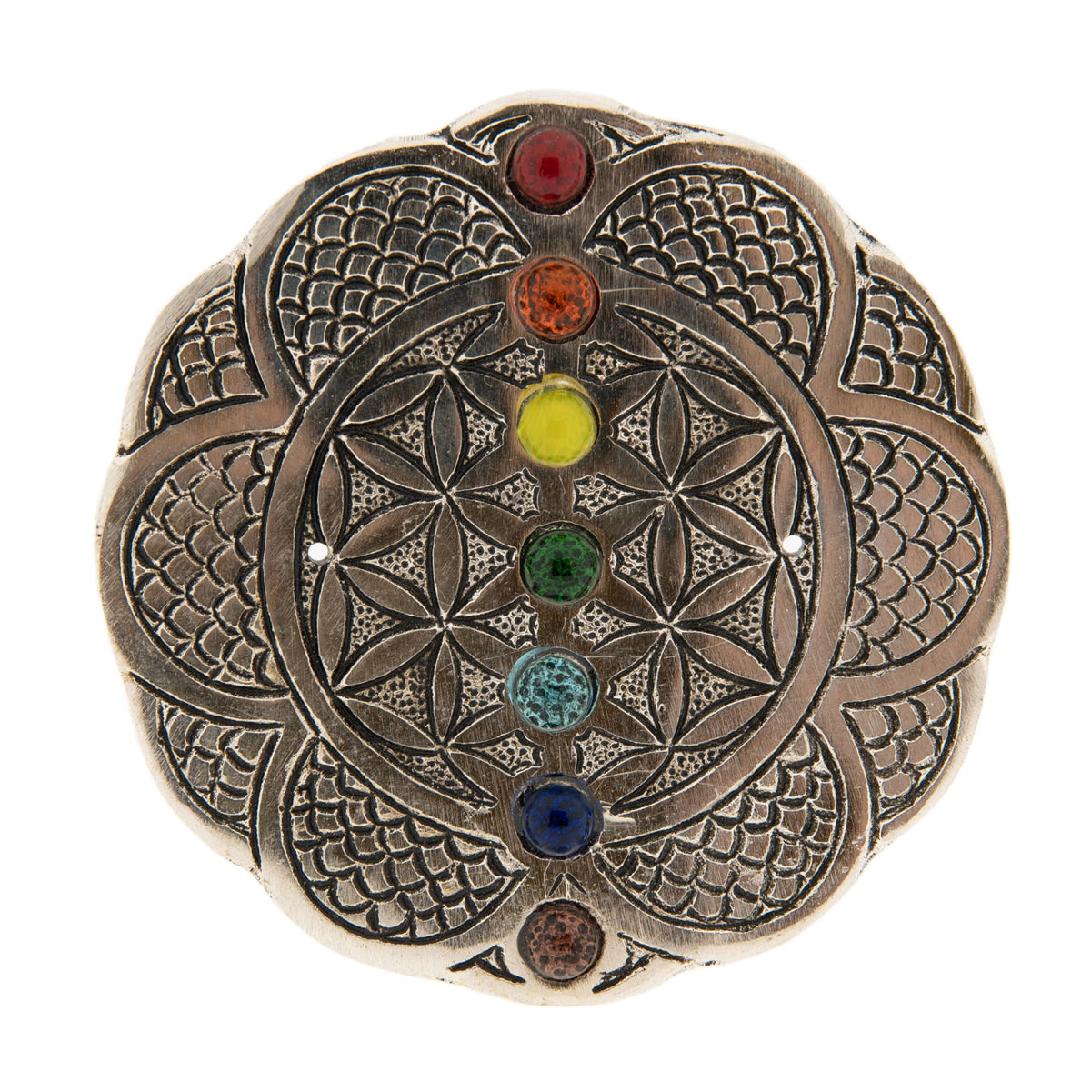 Blume des Lebens mit Chakraglassteinchen Weißmetallhalter – Seelenecho