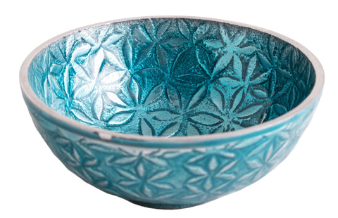 Schale Blume des Lebens Aluminium, türkis – Seelenecho