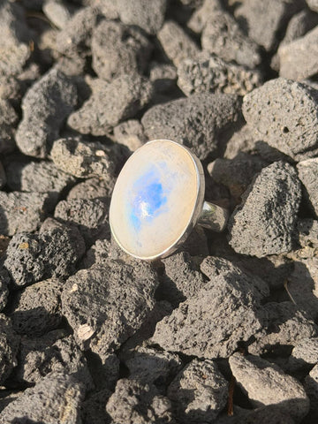 Labradorit-Ring (Weißer Labradorit / Regenbogen-Mondstein) – 925er Silber, größenverstellbar
