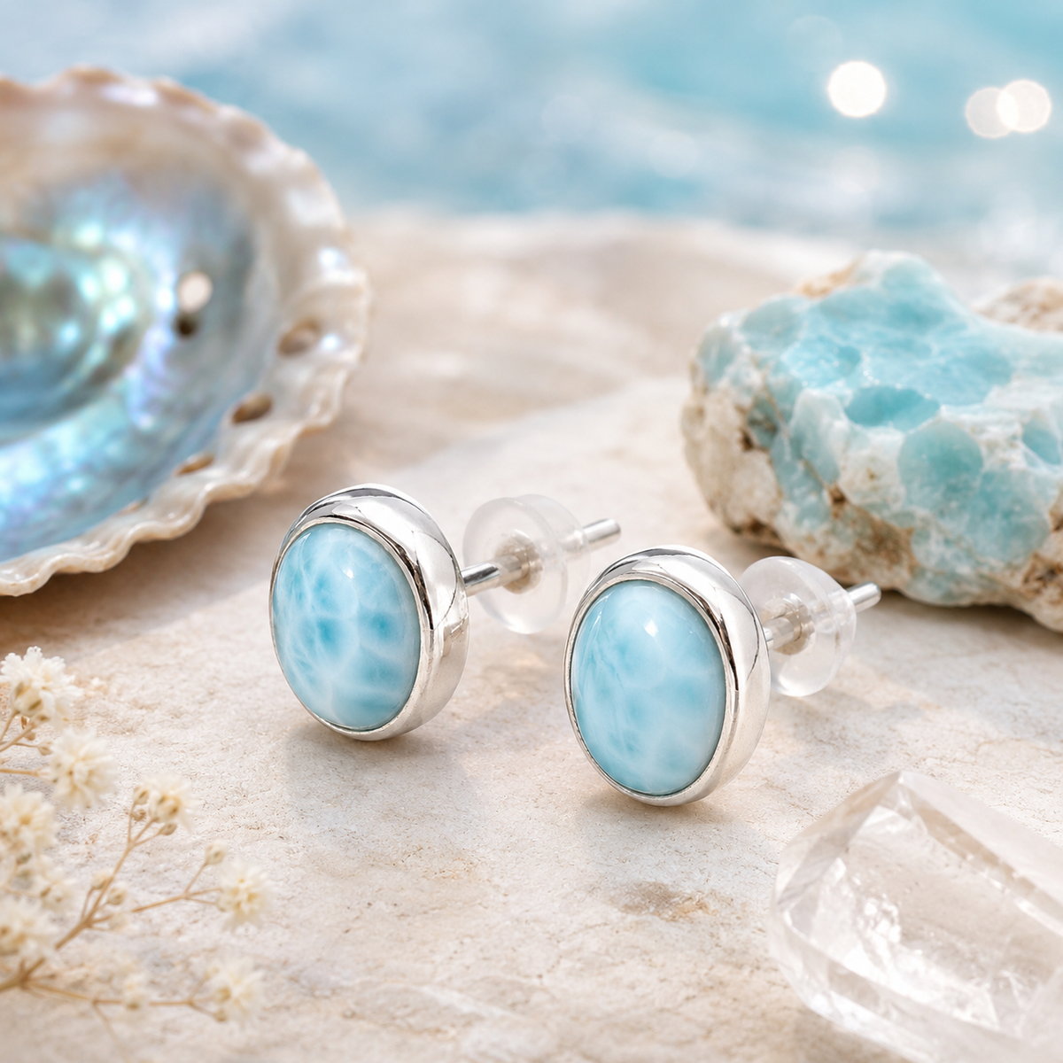 Larimar Ohrstecker Cabochon – 925er Silber