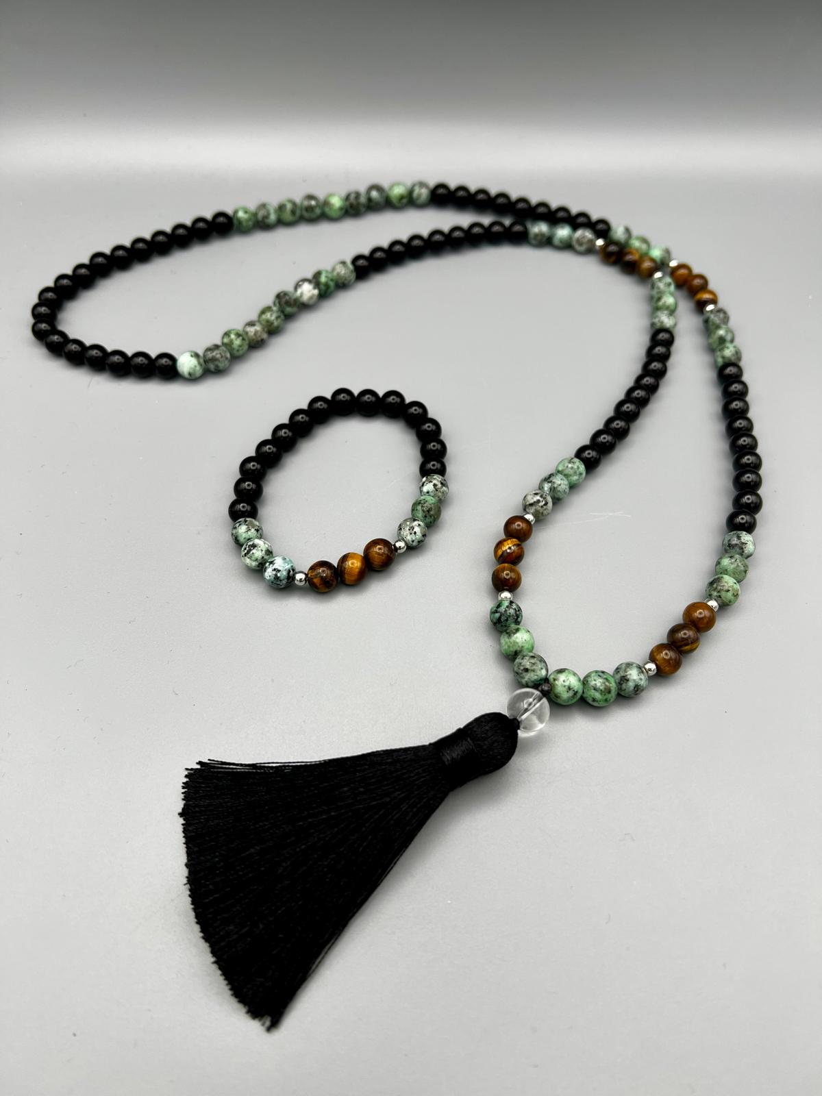 Mala Halskette & Armband Set – Onyx, Tigerauge & afrikanische Perlen | 108 Perlen für Stärke & Balance