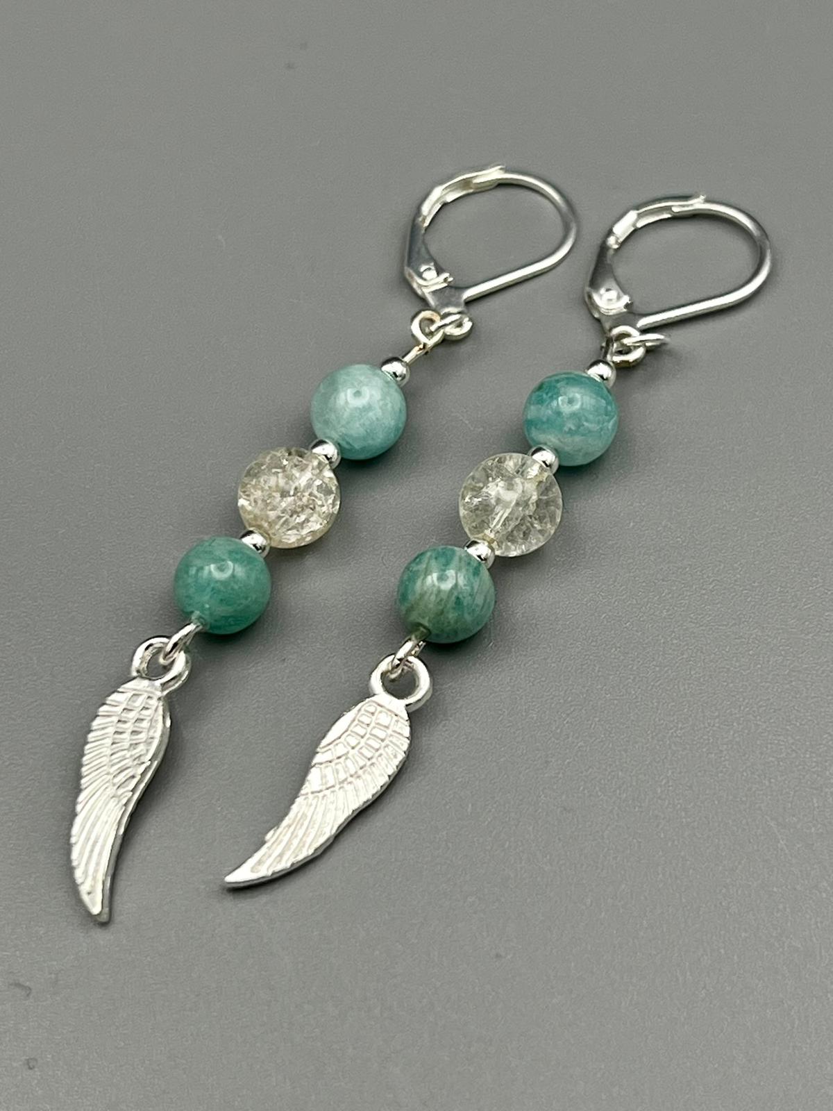 Amazonit Bergkristall Ohrringe mit Feder handgefertigt 925 Silber