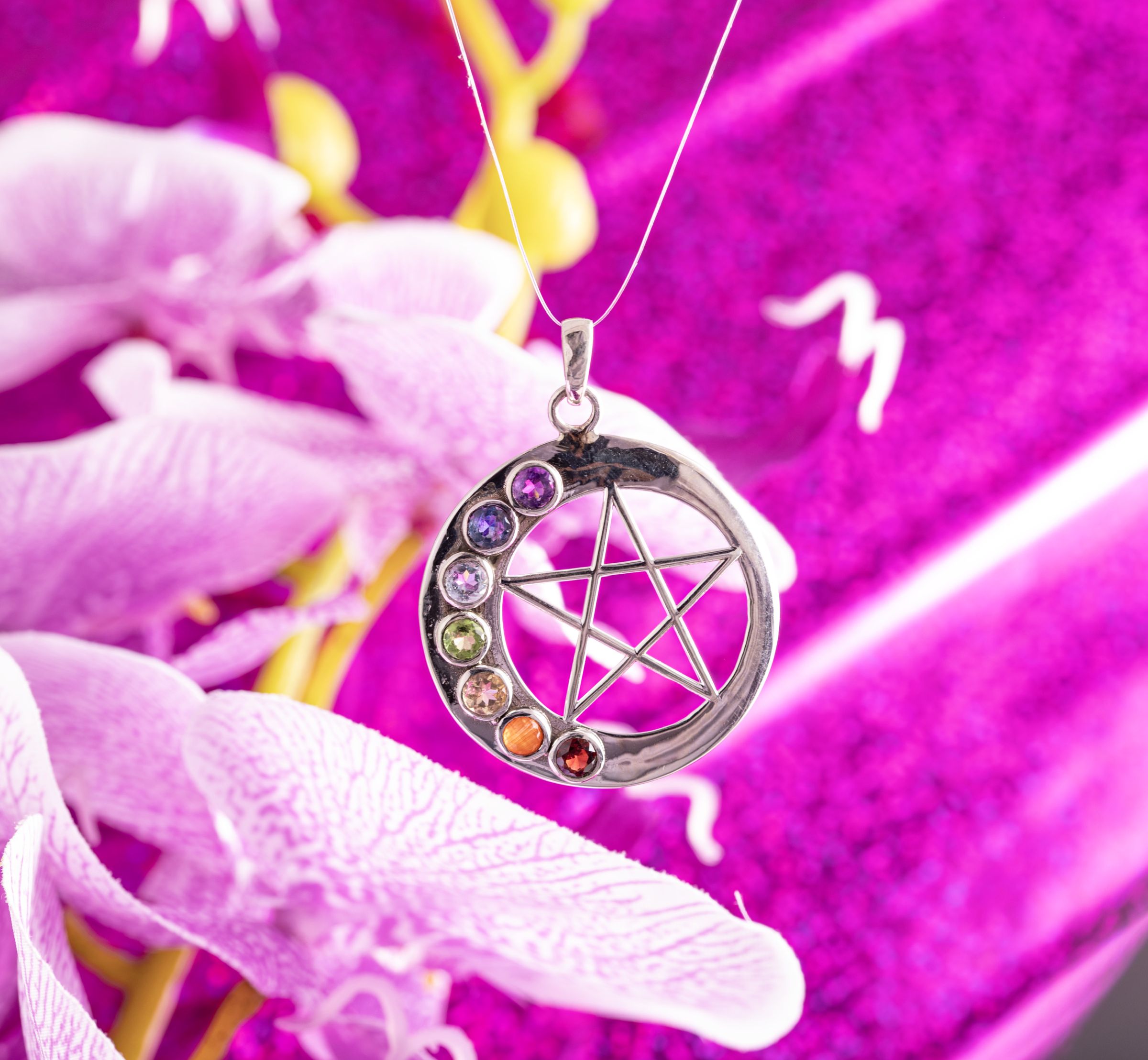 Pentagramm Chakrakreis Anhänger mit Edelsteinen – Ansicht 2