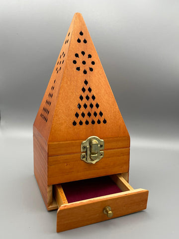 Räucherpyramide aus Holz mit Messingschale und Schublade