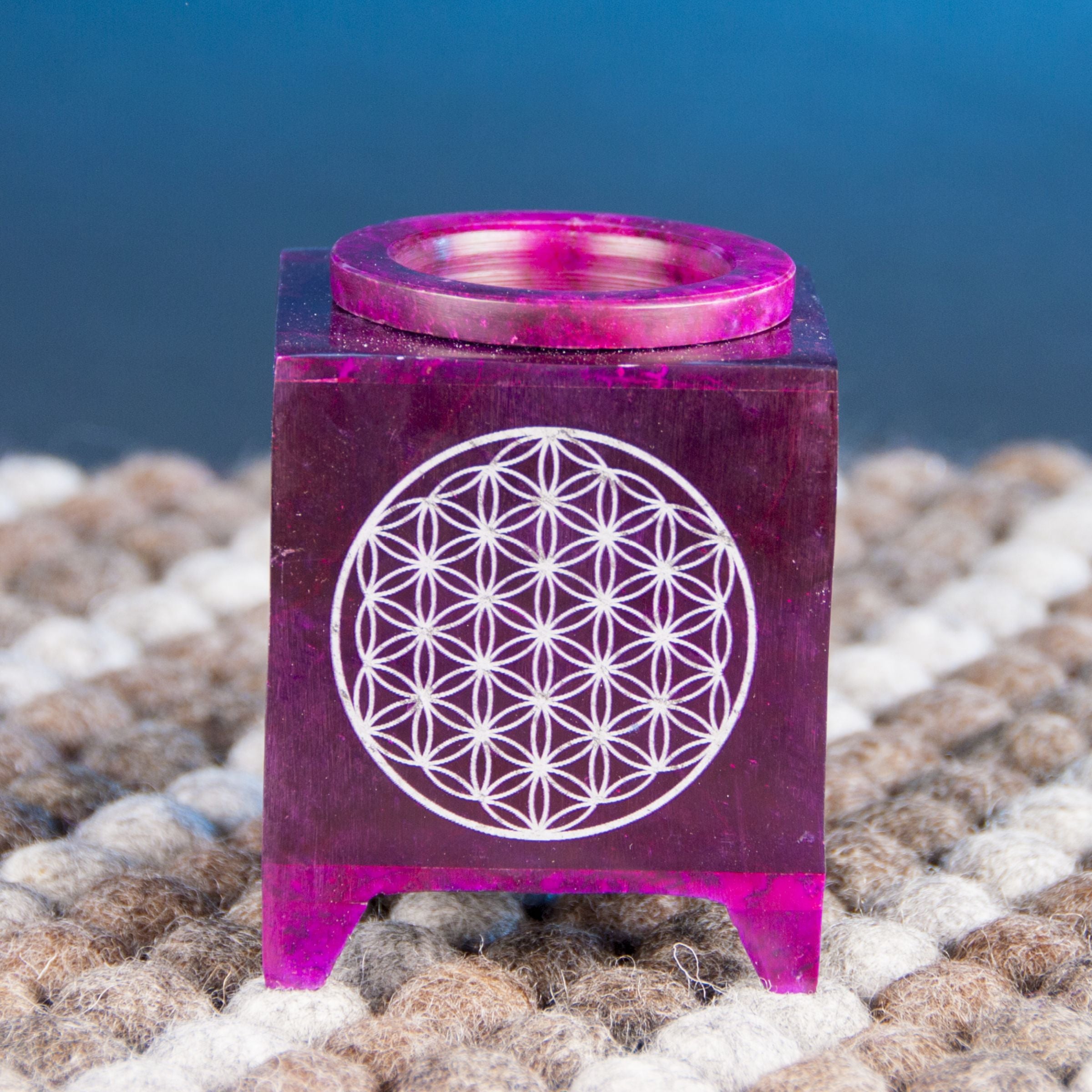Aromalampe - Blume des Lebens Speckstein violett, 7,5 x 7,5 x 10 cm – Seelenecho