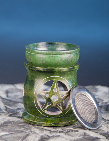 Aromalampe "Pentagramm" mit Sieb Speckstein grün, 10 cm hoch – Seelenecho