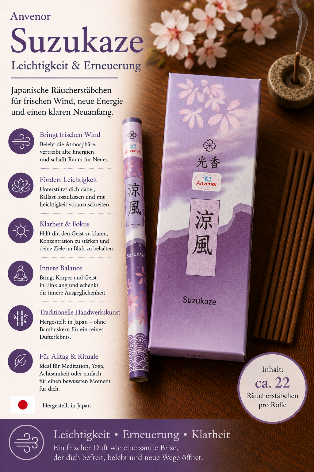 Anvenor Suzukaze – Flüsternder Wind | Japanische Räucherstäbchen für Leichtigkeit & innere Klarheit