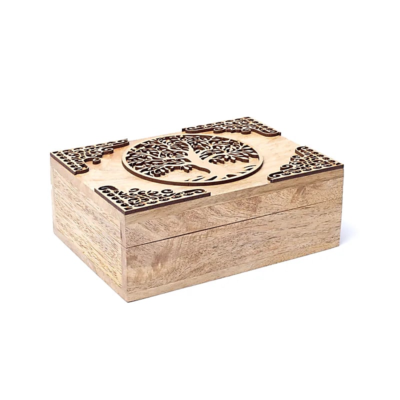 Tarot-Box aus Mangoholz mit Lebensbaum-Symbol