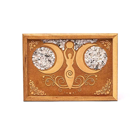 Aufbewahrungsbox aus Mangoholz mit Mondgöttin & Regenbogenmondstein