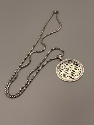 Blume des Lebens Halskette aus Edelstahl mit Zirkonia – 33 mm Anhänger & 55 cm Edelstahlkette