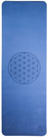 Yogamatte TPE ecofriendly - dunkelblau/hellblau 6mm zweischichtig mit Blume des Lebens – Seelenecho