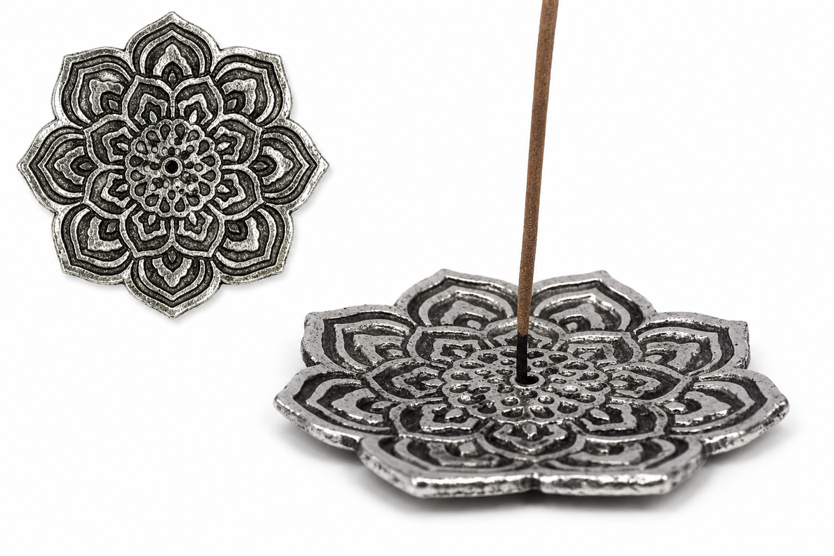 Mandala Räucherstäbchenhalter mit Antik-Silber-Finish – Spirituelle Harmonie im Lotusdesign | Aluminiumhalter
