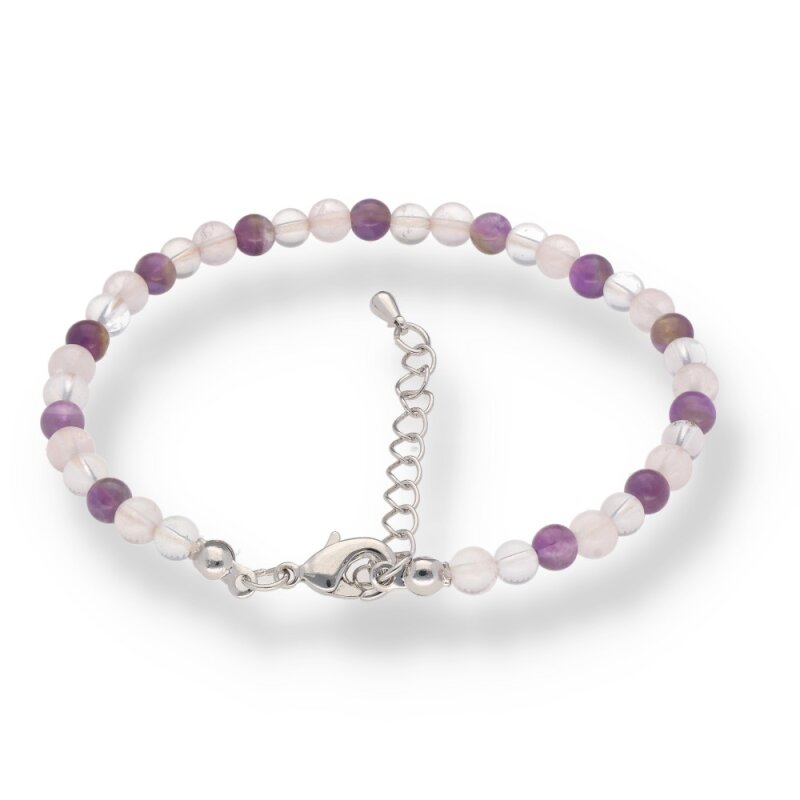 Amethyst · Rosenquarz · Bergkristall Mix Fußkettchen – 4 mm Kugeln · ca. 20 cm + 5 cm Verlängerung | Harmonie, Liebe & Klarheit
