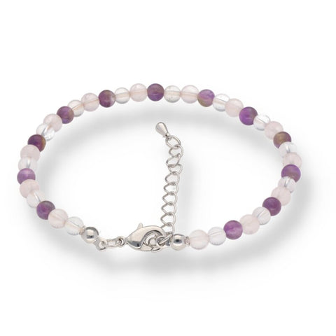 Amethyst · Rosenquarz · Bergkristall Mix Fußkettchen – 4 mm Kugeln · ca. 20 cm + 5 cm Verlängerung | Harmonie, Liebe & Klarheit