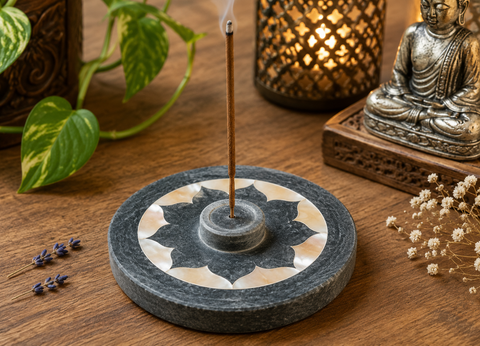 Lotus Räucherstäbchenhalter aus Speckstein mit Perlmutteinlage – Harmonie in natürlicher Schönheit