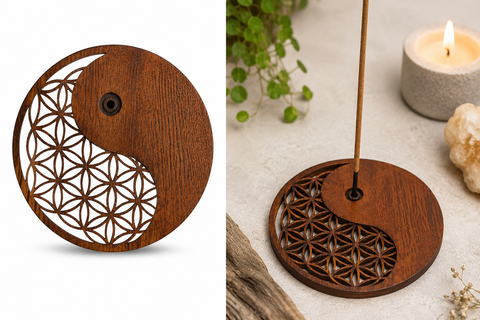 Yin Yang Räucherstäbchenhalter Blume des Lebens – Dunkles Holzdesign 10 cm | Harmonie & Balance