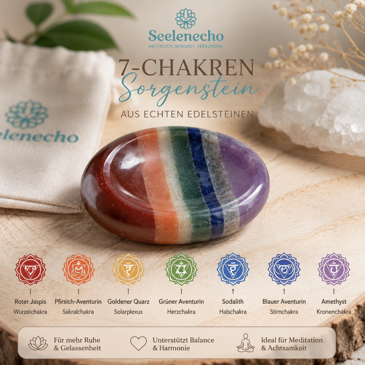 7-Chakren-Sorgenstein aus echten Edelsteinen – Handschmeichler für Ruhe, Achtsamkeit und Balance