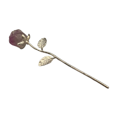 Fluorit Rose mit Metallstiel, handgeschnitzte Edelstein-Blüte