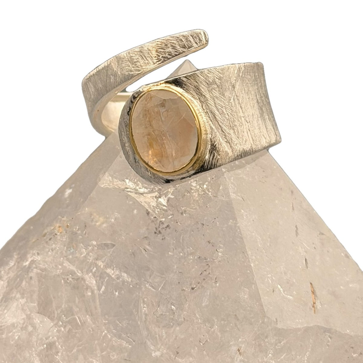 Mondstein Ring Piccolo, 925er Silber gebürstet mit vergoldeter Fassung