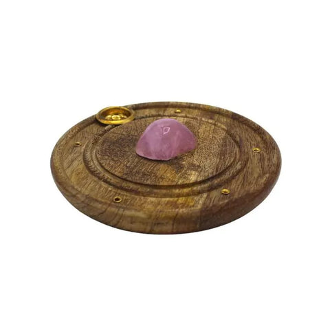Räucherstäbchenhalter aus Mangoholz mit Rosenquarz