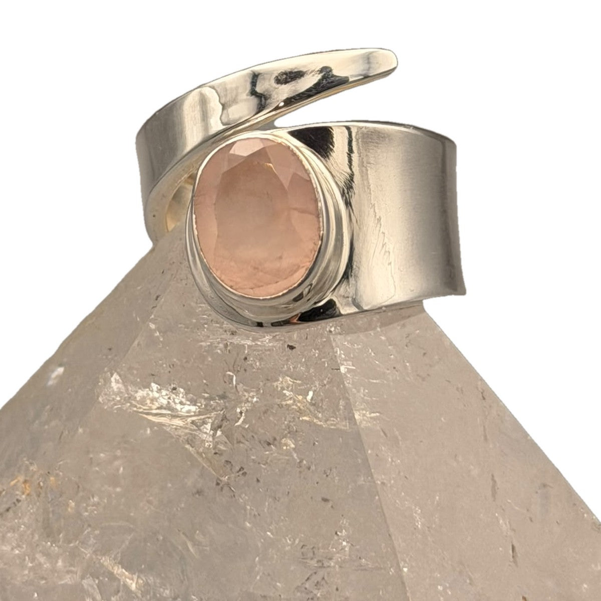 Rosenquarz Ring, facettiert, offener Wickelring aus 925er Silber