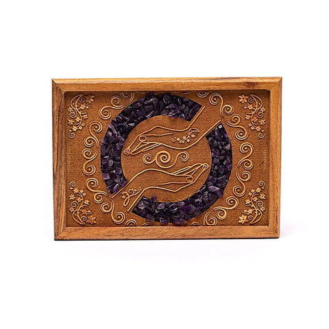 Aufbewahrungsbox aus Mangoholz mit Heilenden Händen & Amethyst