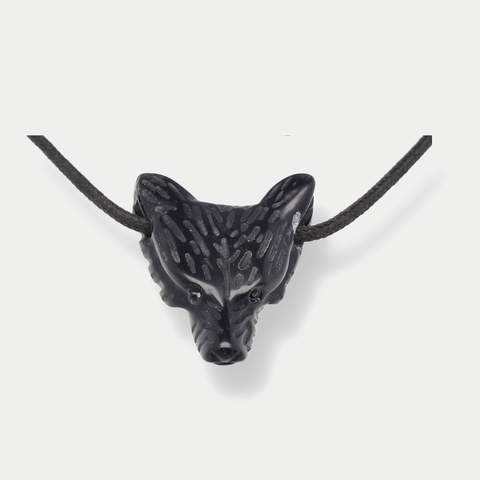 Wolfskopf-Anhänger Obsidian schwarz, gebohrt, ca. 4 cm