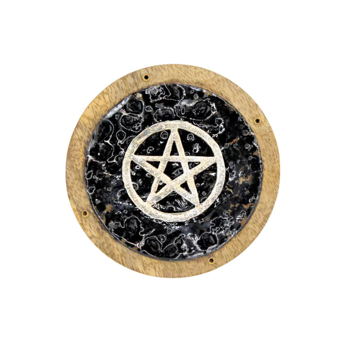 Räucherstäbchenhalter aus Holz mit Pentagramm und schwarzem Turmalin
